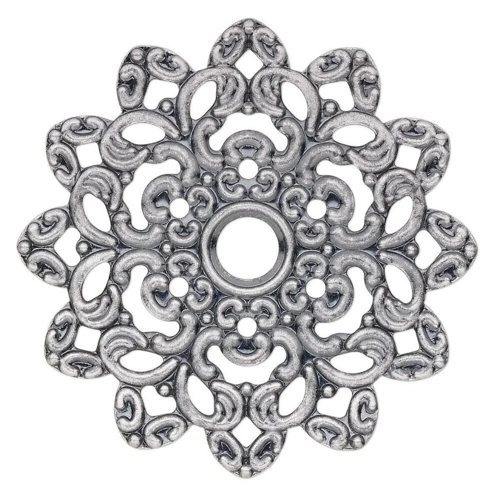 Fancy Abstract Flower Design 46mm Antique Silver Plated Filigree Pendants 2 pcs